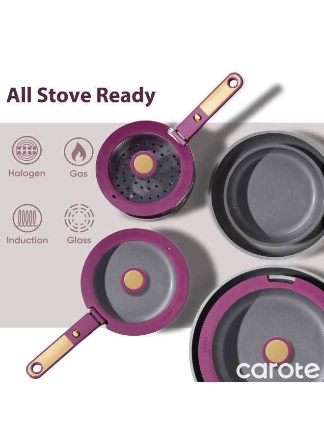 Carote 6-Piece Ceramic Cookware Set with Detachable Handle, Stackable Frying Pan & Saucepan with Lids, PFAS-Free Nonstick Healthy Cooking Set, All Kitchen Stovetop Compatible, Dishwasher Safe (Purple) - Image 3